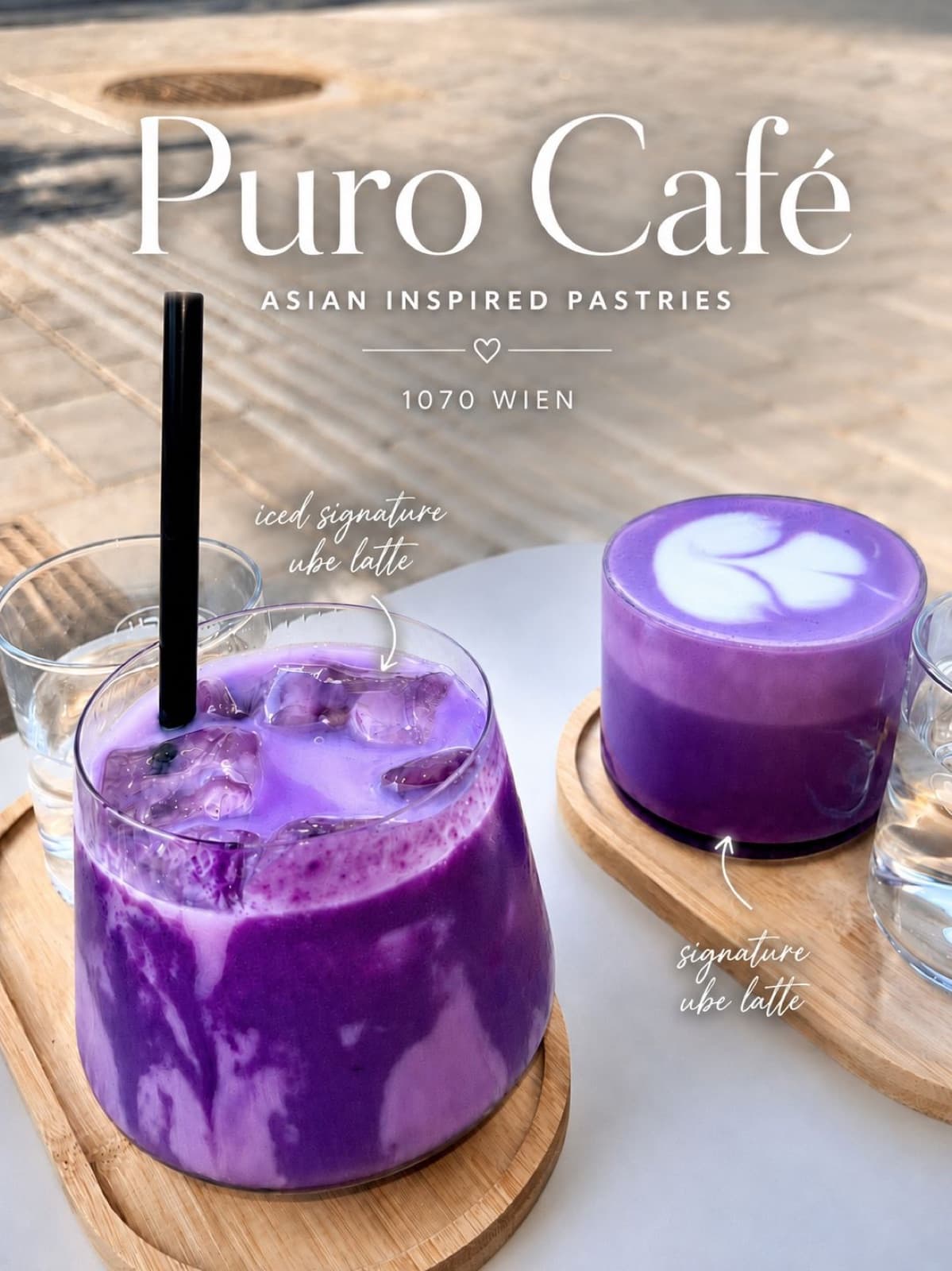 Signature ube lattes at Puro Café, Vienna